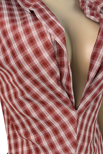 Plunge V-Neck Plaid Pointed Hem Top