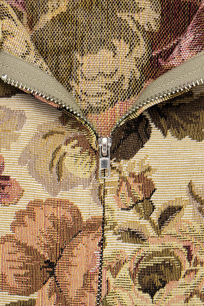 Floral Jacquard Zip-Front Collared Jacket