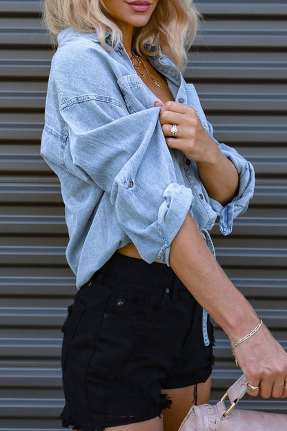 Long Sleeve Button Down Blouses Denim Shirt