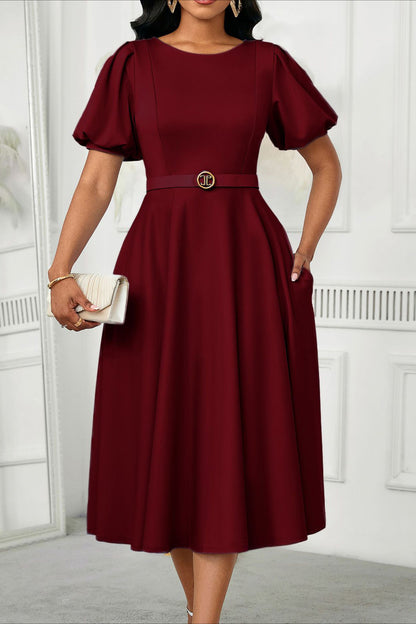 Puff Sleeve High Waist Solid Round Neck Dress