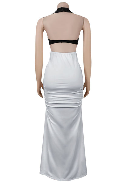 Two Tone Open Back Halter Maxi Dress