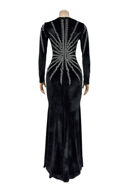 Rhinestone Plunge Illusion Velvet Maxi Dress