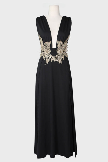 Open V-Neck Sleeveless Double Slit Maxi Dress
