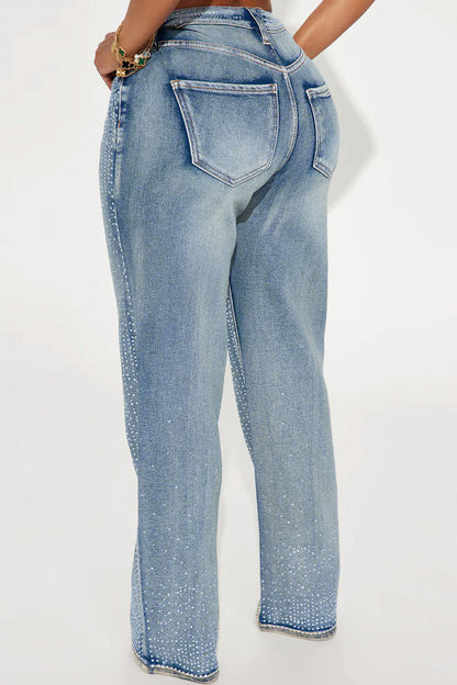 Rhinestone Straight Leg Jeans Pants