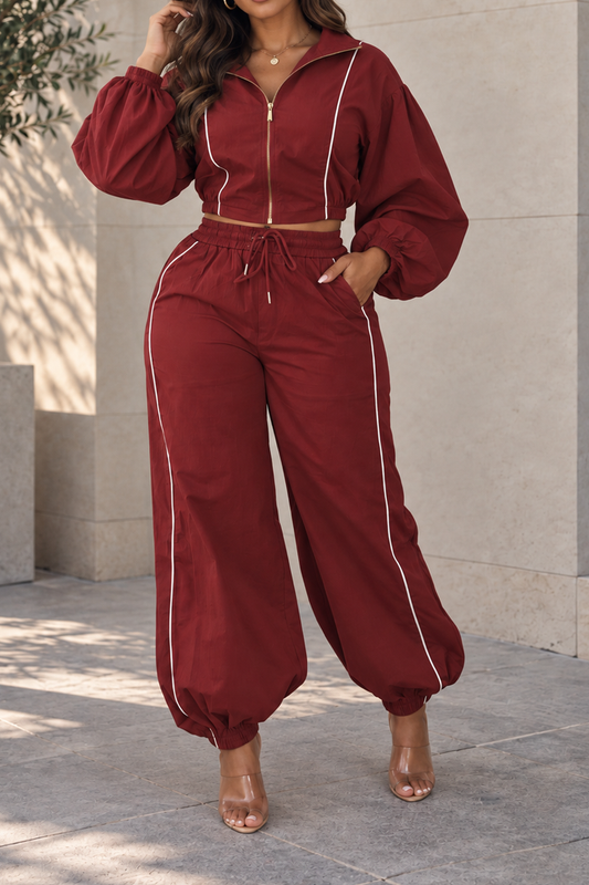 Piped Balloon Sleeve Tracksuit Set