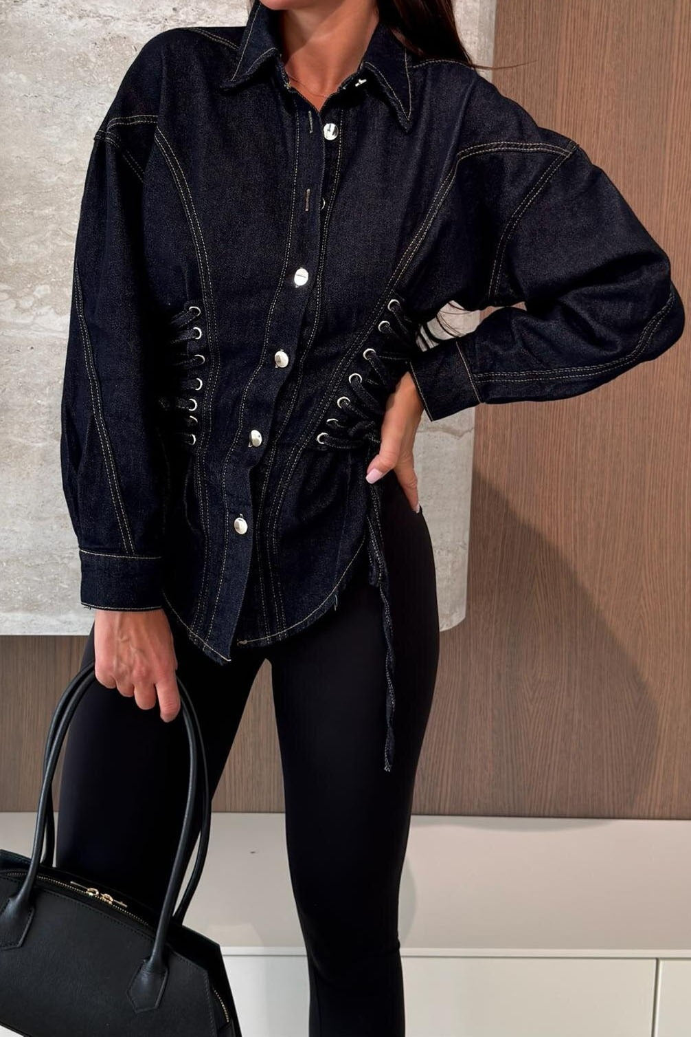 Lace-Up Waist Denim Shirt