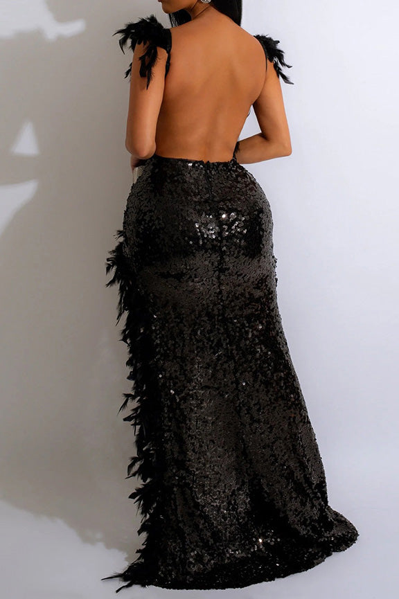 Feather Sequins Strap High Slit Dress