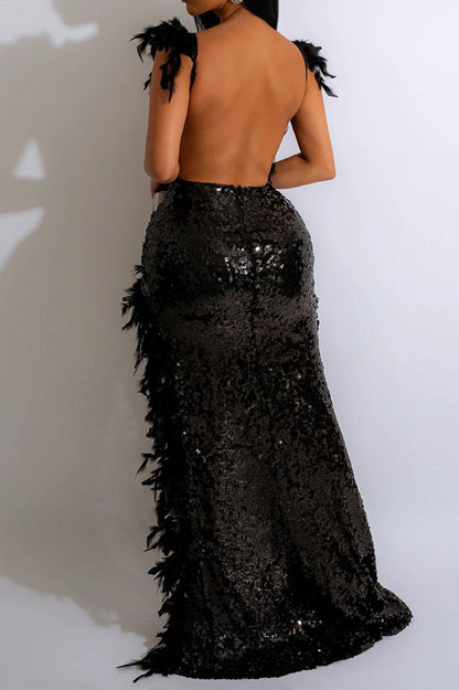 Feather Sequins Strap High Slit Dress