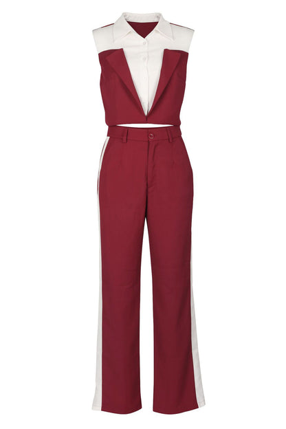 Patchwork Button Tie Back Top And Trousers Set