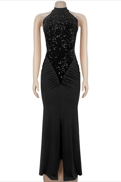 Sequin Ruffle Halter Maxi Dress