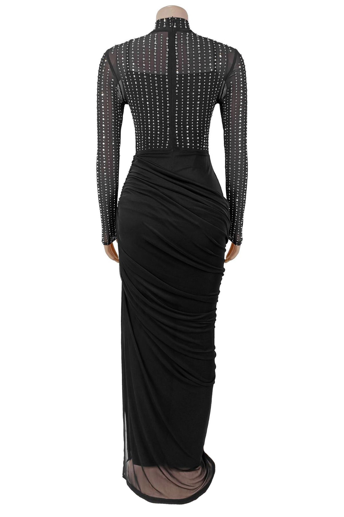 Beaded High-Neck Ruched Mesh Maxi Dress