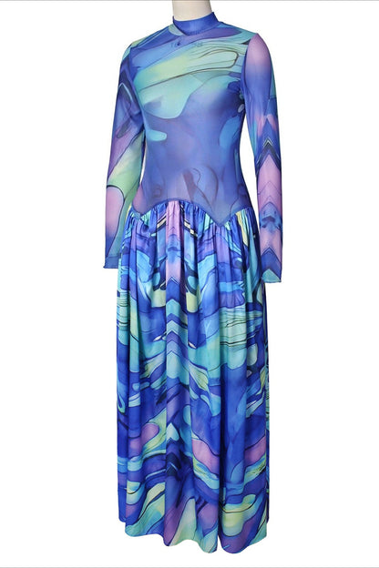 Mock Neck Mesh Floral Maxi Dress