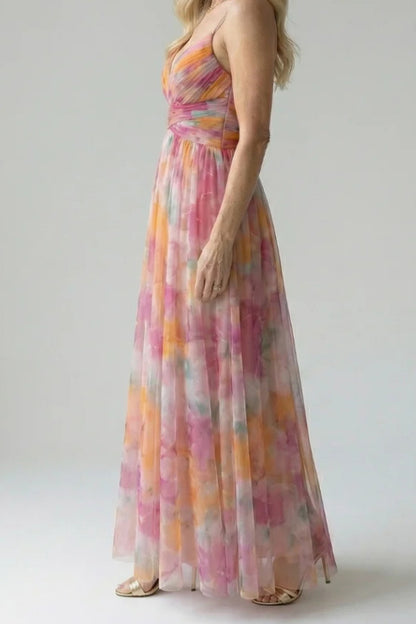 Abstract Chiffon Cutout Backless Maxi Dress
