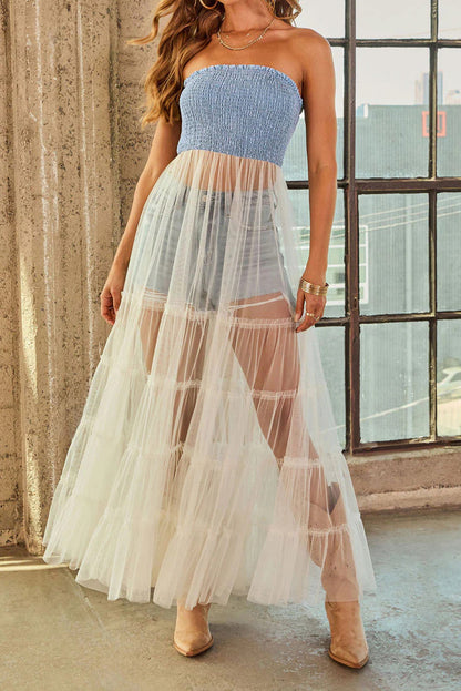 Strapless Smocked Sheer Maxi Dress