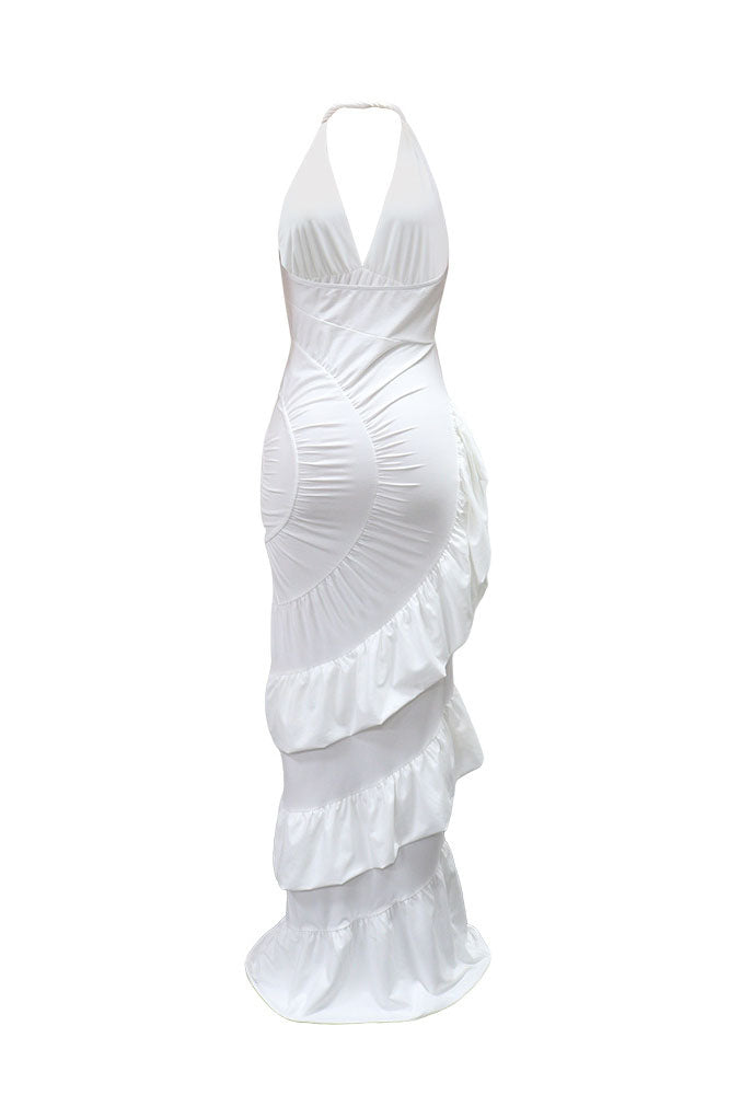 Plunging Halter Ruched Tiered Ruffle Maxi Dress