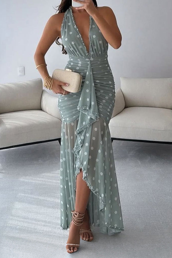 Plunging Halter Ruched Ruffle Maxi Dress