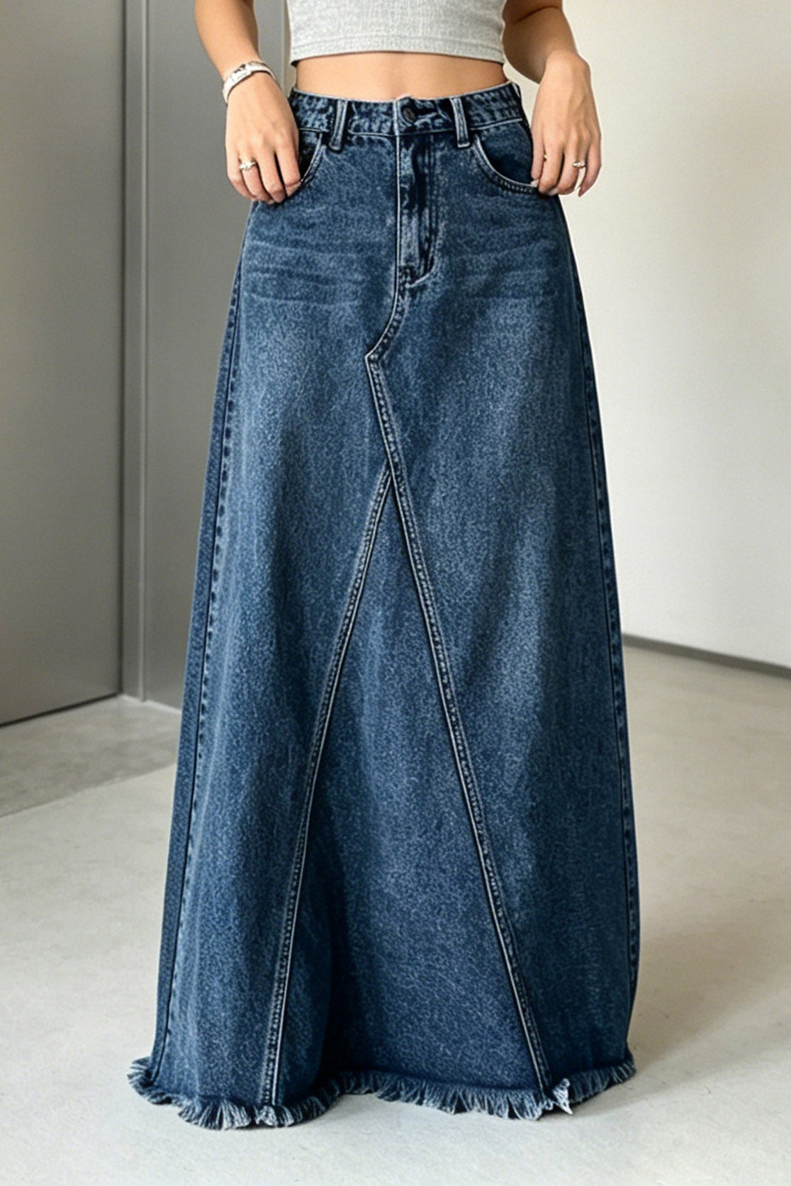 Raw-Hem Godet Denim Maxi Skirt