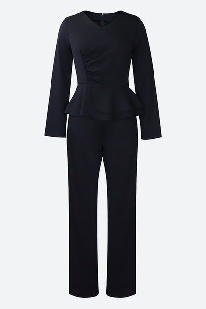 Solid Flounce V Neck Long Sleeve Sets