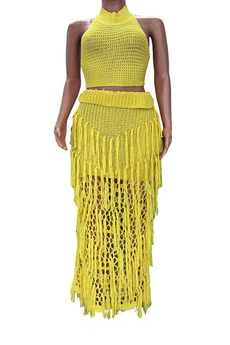 2-Piece Crochet Fringe Skirt Set