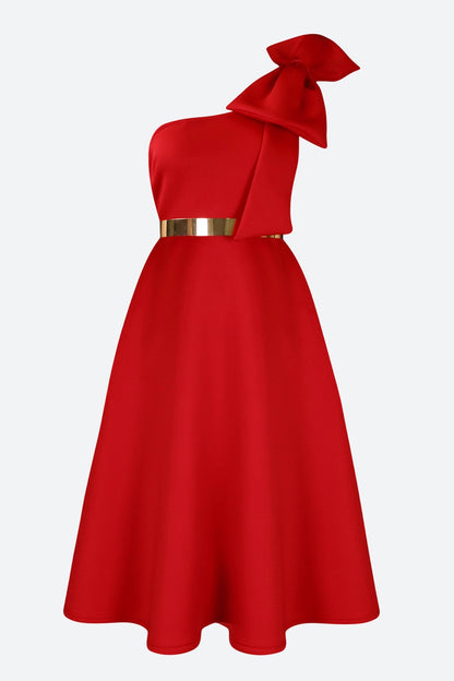 Single Shoulder Bow Detail Flare Midi Dress