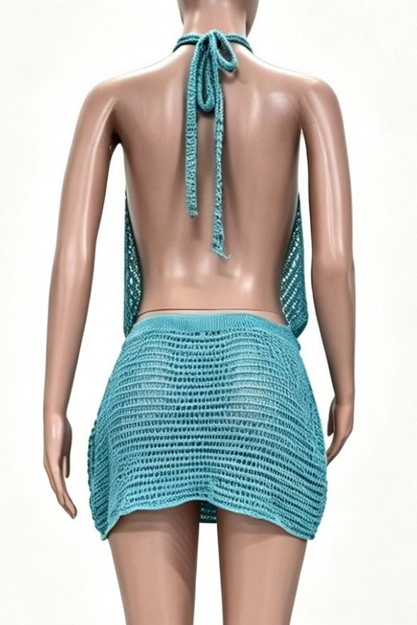 Embellished Plunging Cowl Neck Crochet Mini Dress