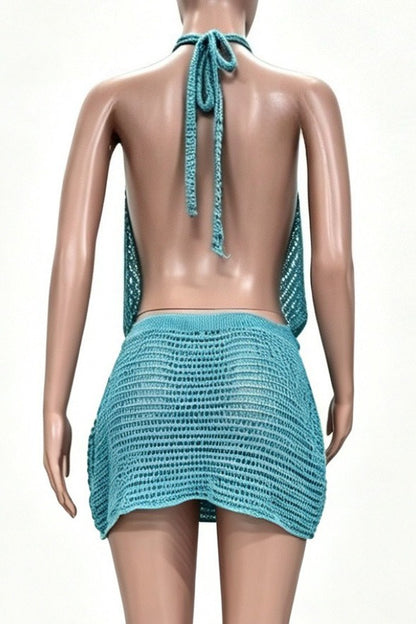 Embellished Plunging Cowl Neck Crochet Mini Dress