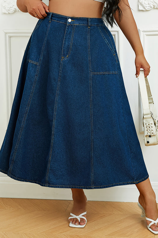 Plus Size High Waist A-Line Denim Maxi Skirt