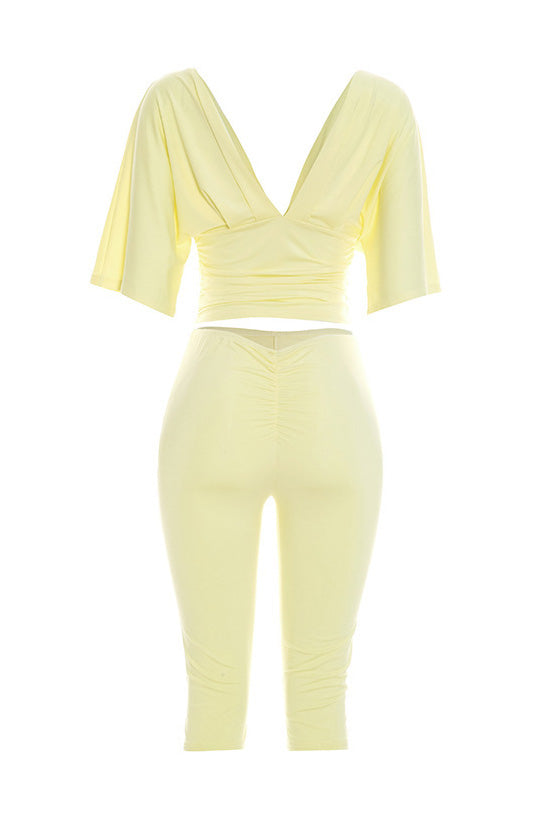 Ruched V-Neck Top & Bodycon Capri Set