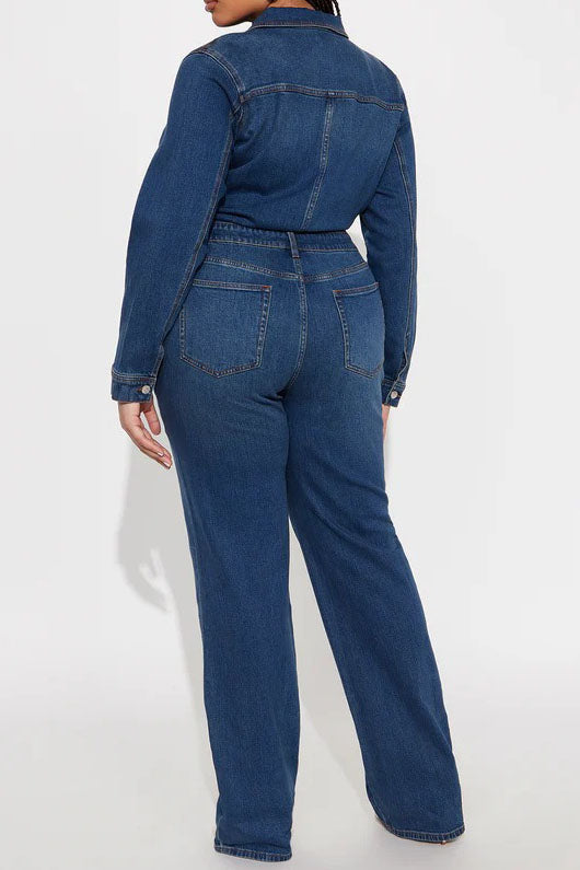 Stretch Flare Long Sleeve Denim Jumpsuit