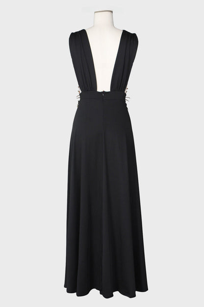 Open V-Neck Sleeveless Double Slit Maxi Dress
