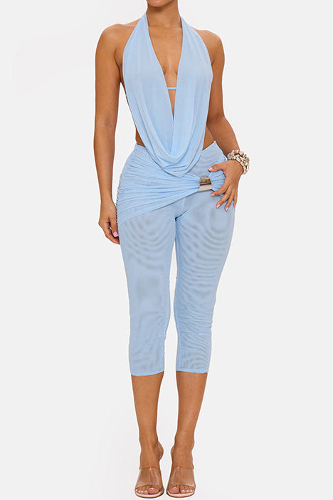Draped Halter & Sheer Mesh Capri Set