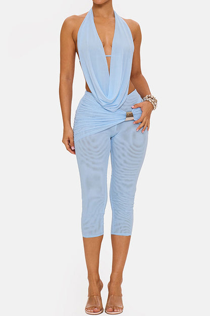 Draped Halter & Sheer Mesh Capri Set