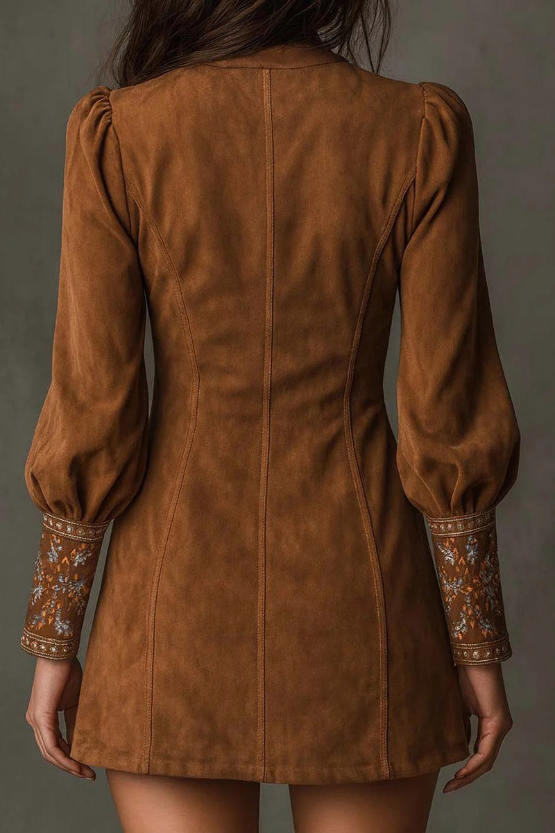 Retro V Neck Embroidered Mini Dress