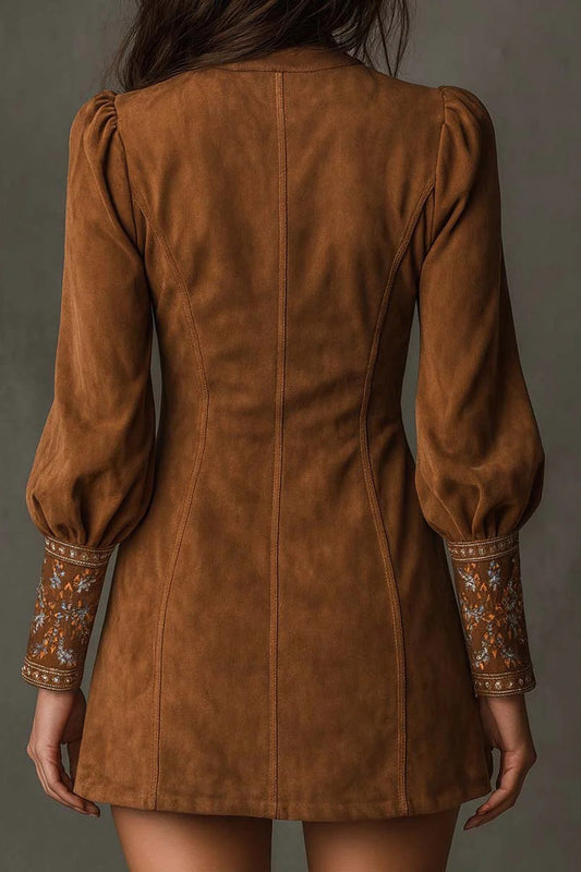 Retro V Neck Embroidered Mini Dress