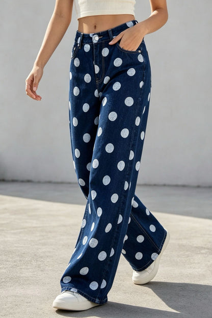 Non-Stretch Polka Dot Wide Leg Jeans
