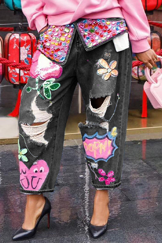 Embroidered Rhinestone Ripped Jeans
