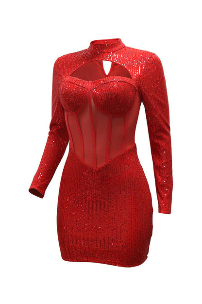 Sequin Cutout Mesh Corset Mini Dress