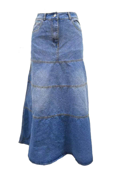 Tiered A-Line Denim Midi Skirt