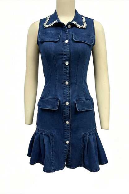 Embellished Collar Ruffle Denim Mini Dress