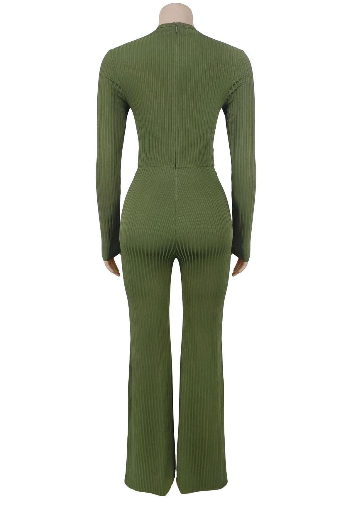 Ribbed Cutout Long-Sleeve Flared Jumpsuit
