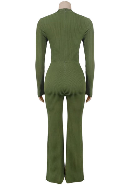 Ribbed Cutout Long-Sleeve Flared Jumpsuit