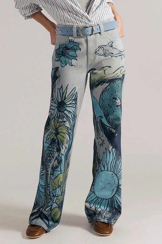 High-Waisted Statement Print Wide Leg Jeans