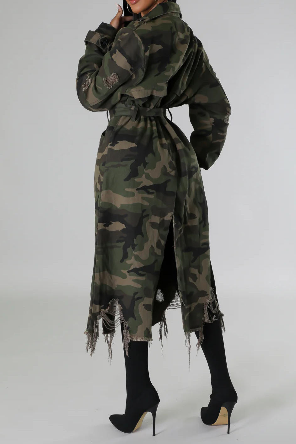 Longline Distressed Camouflage Jacket