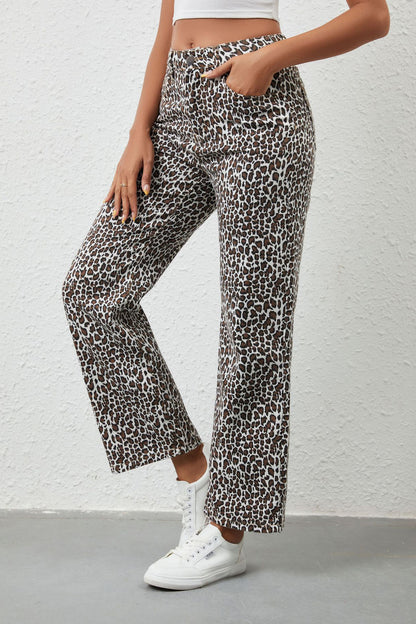 Leopard Print Loose Fit Denim Jeans