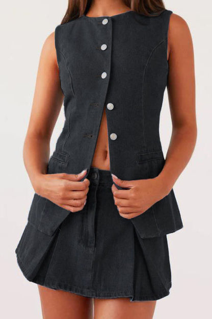 Denim Vest Skirt Sets