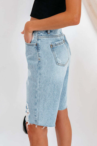 High-Waisted Distressed Denim Bermuda Shorts