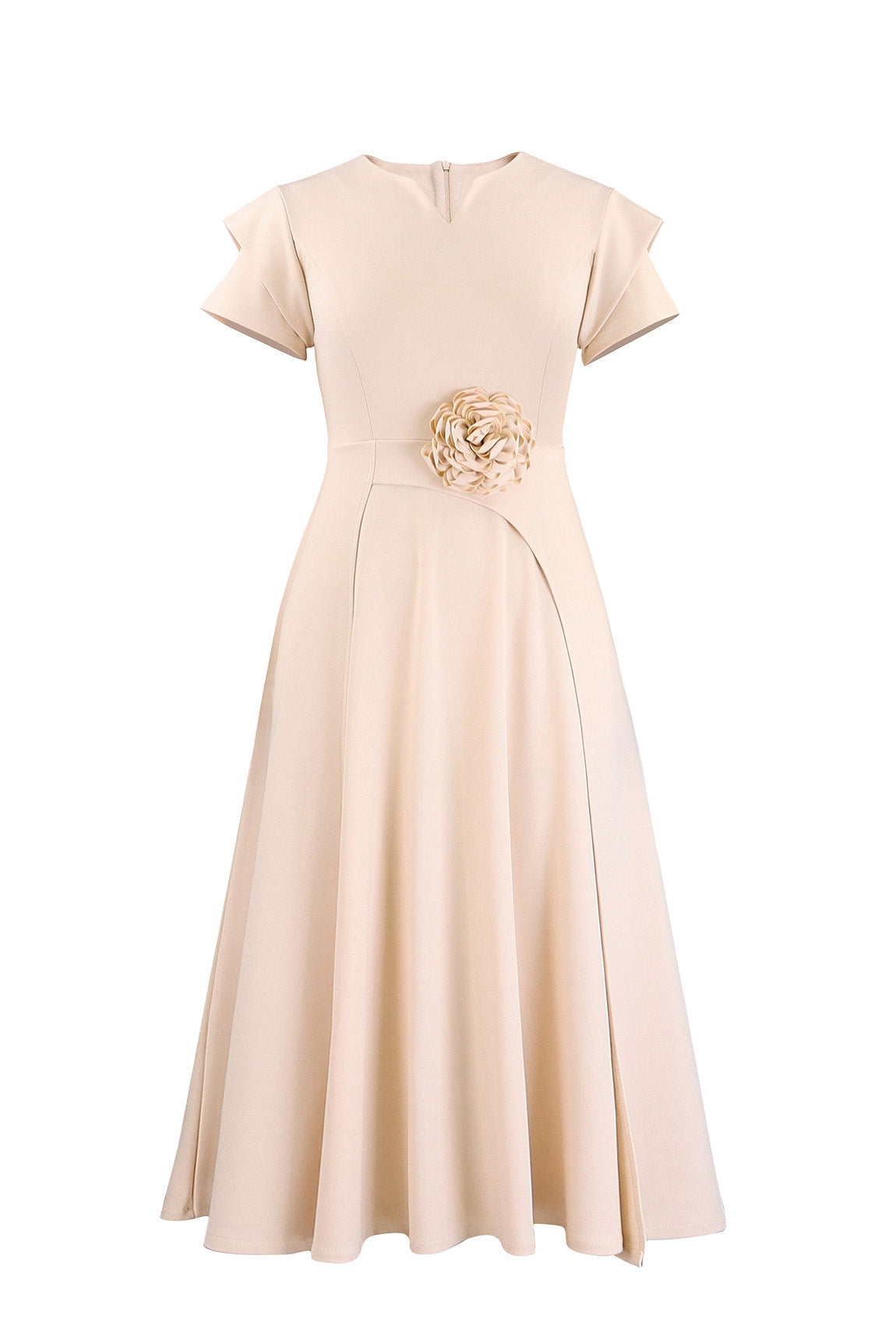 3D Floral Notched Neck A-Line Midi Dress