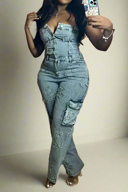 One Piece Denim Cargo Jumpsuit