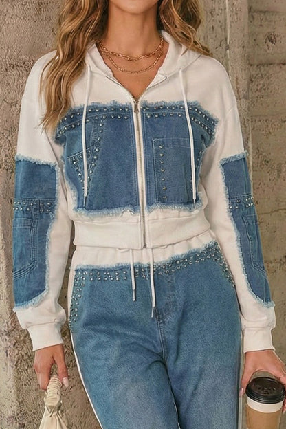 Denim Patchwork Studded Cropped Hoodie