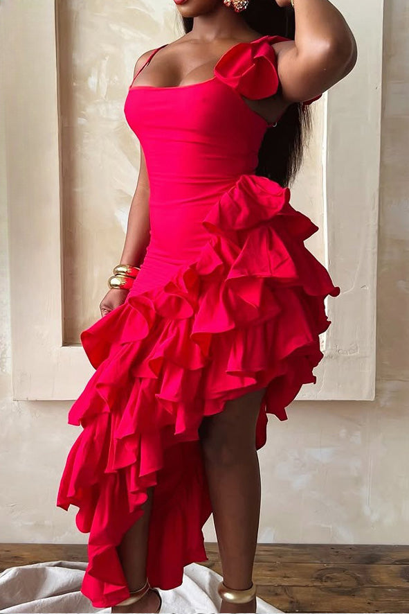 Solid Color Ruffle Hem Spaghetti Strap Dress